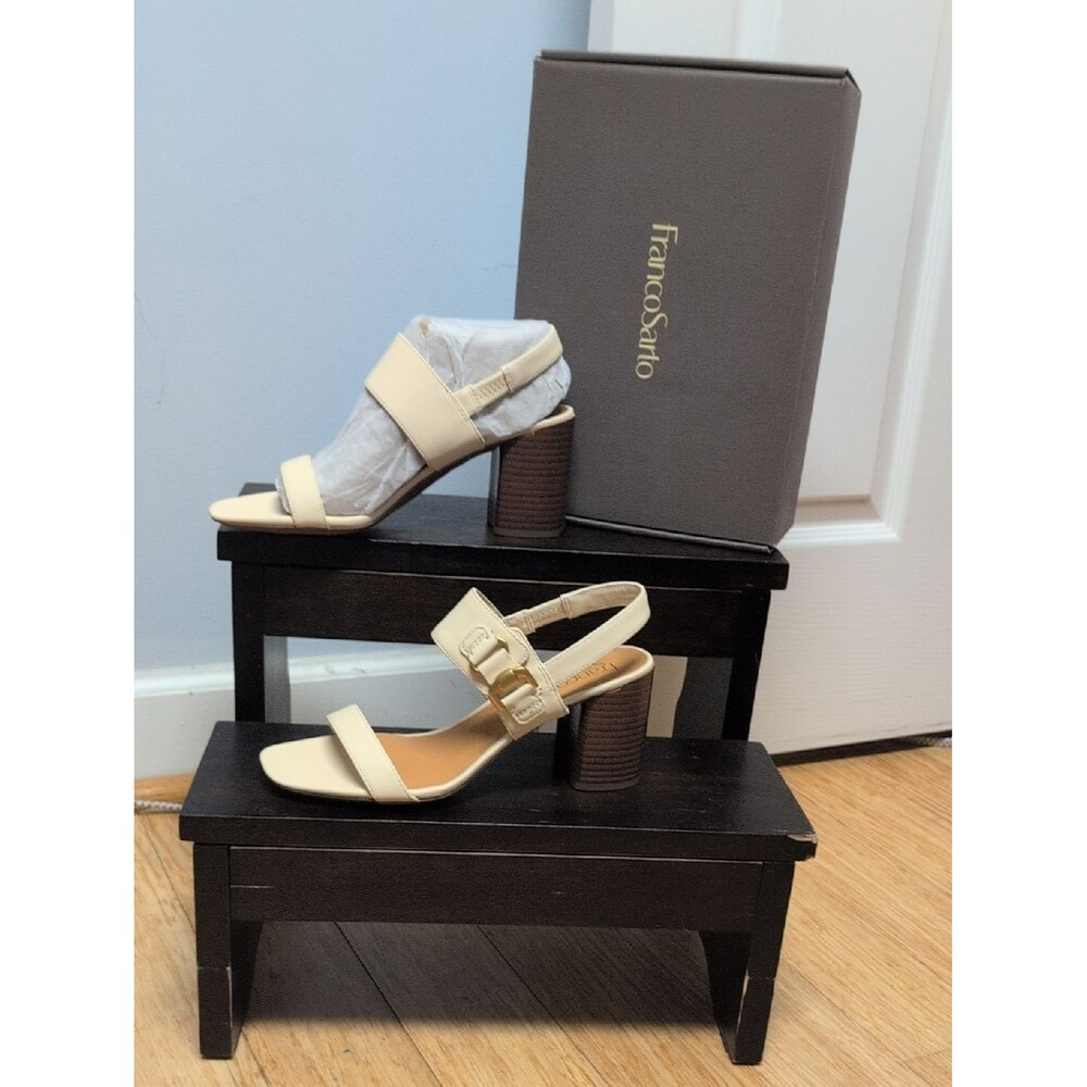 Franco Sarto Omyrah Ivory Block Heel Sandals Slingback Gold Buckle Size 8.5M NIB - Picture 1 of 7